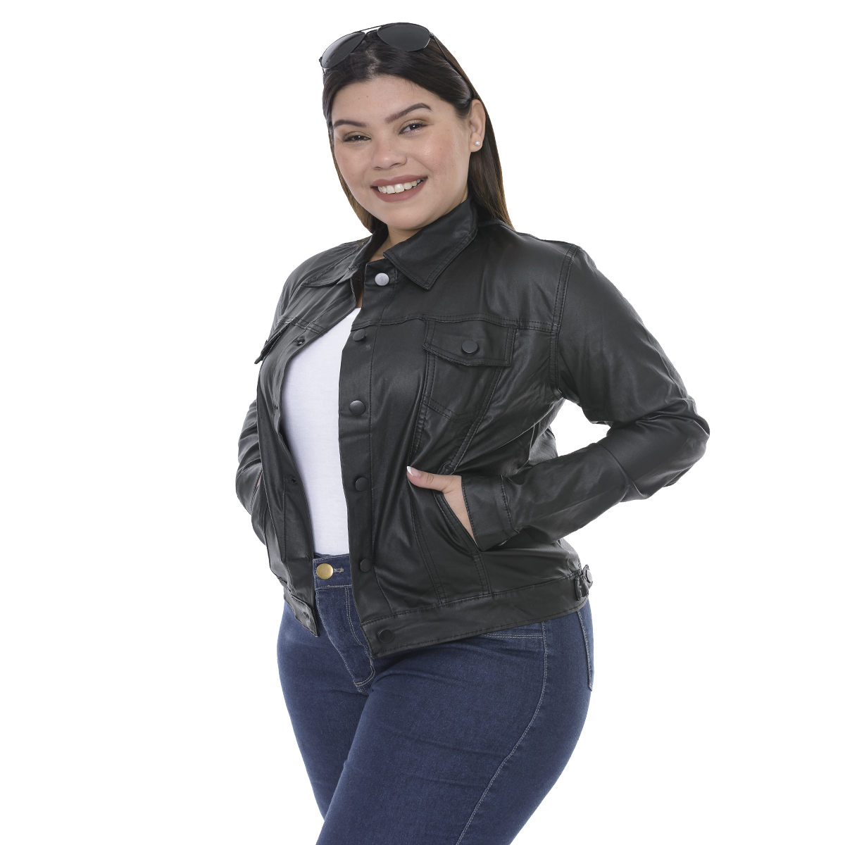 Campera Engomada talle grande mujer vista frontal botones metálicos DEJEANCI