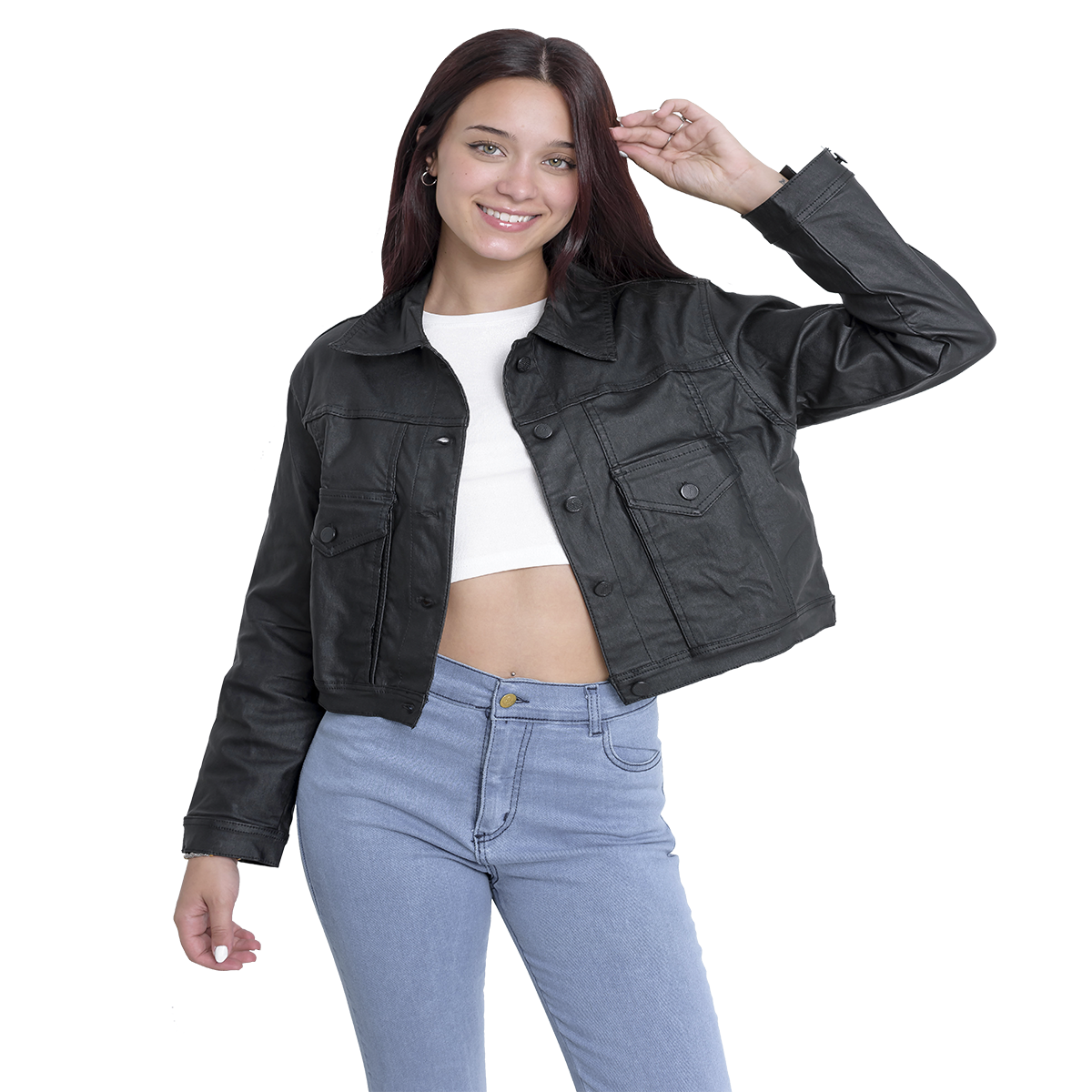 Campera Engomada Corta mujer detalle tela importada costuras reforzadas DEJEANCI