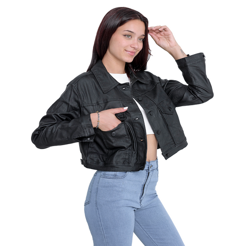 Campera Engomada Corta mujer vista frontal botones metálicos negro DEJEANCI