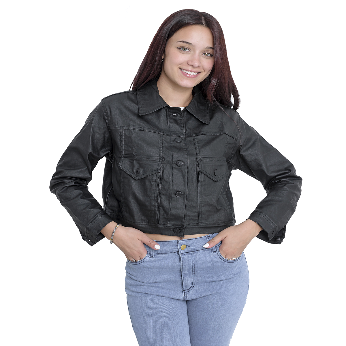 Campera Engomada Corta mujer bolsillos cargo estilo urbano femenino DEJEANCI