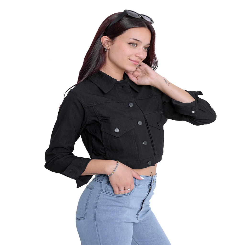 Campera Bengalina Corta mujer vista frontal botones metálicos negro DEJEANCI