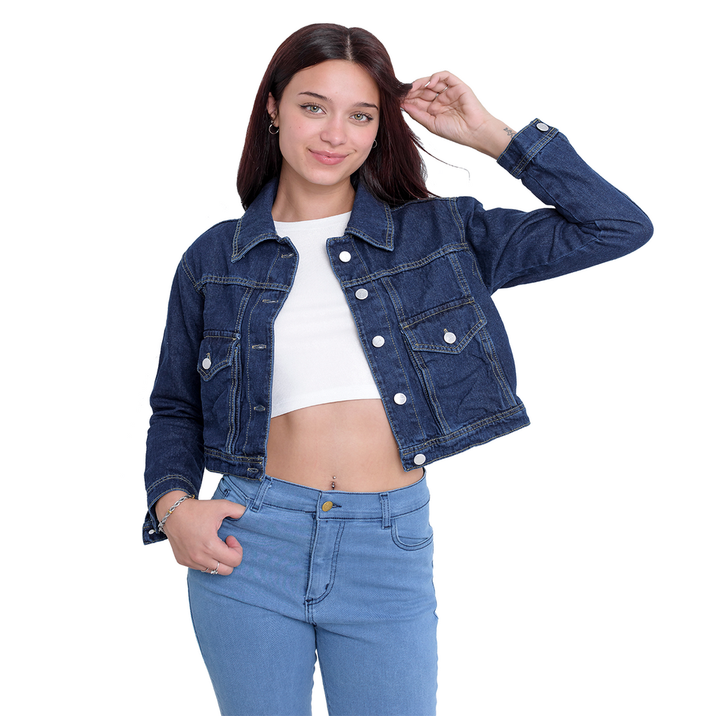 Campera Jean Corta mujer vista frontal botones metálicos azul DEJEANCI
