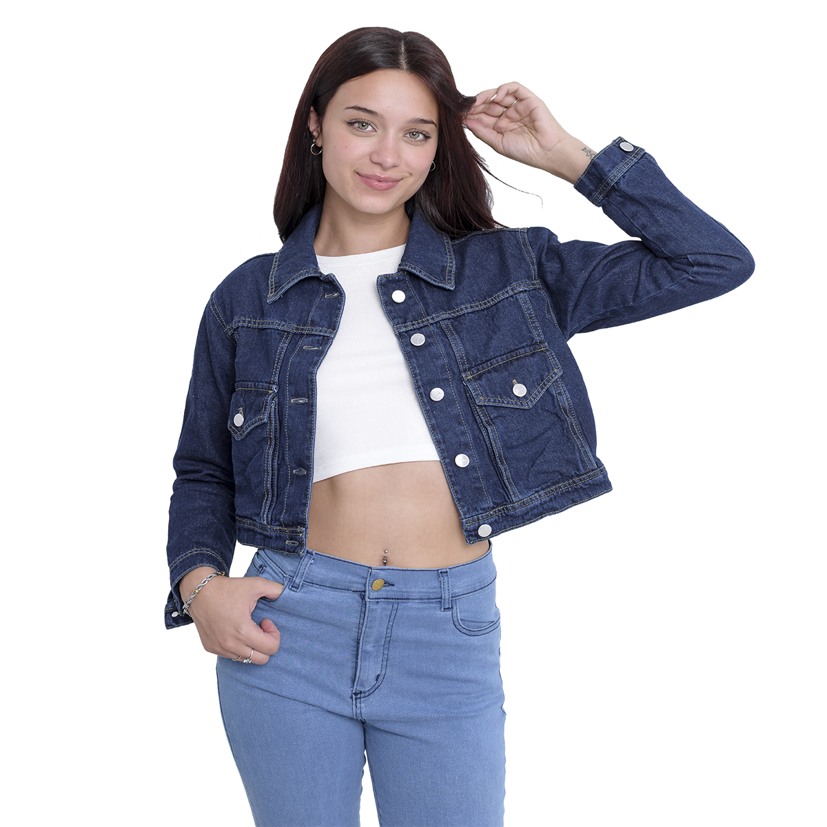 Campera Jean Corta mujer vista frontal botones metálicos azul DEJEANCI